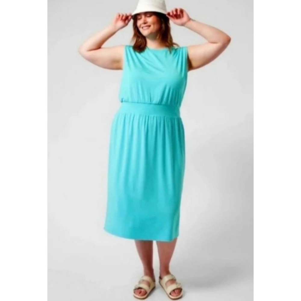 Athleta Santorini Cinch Dress 2X‎ Turquoise Blue Sleeveless Modal Midi Dress